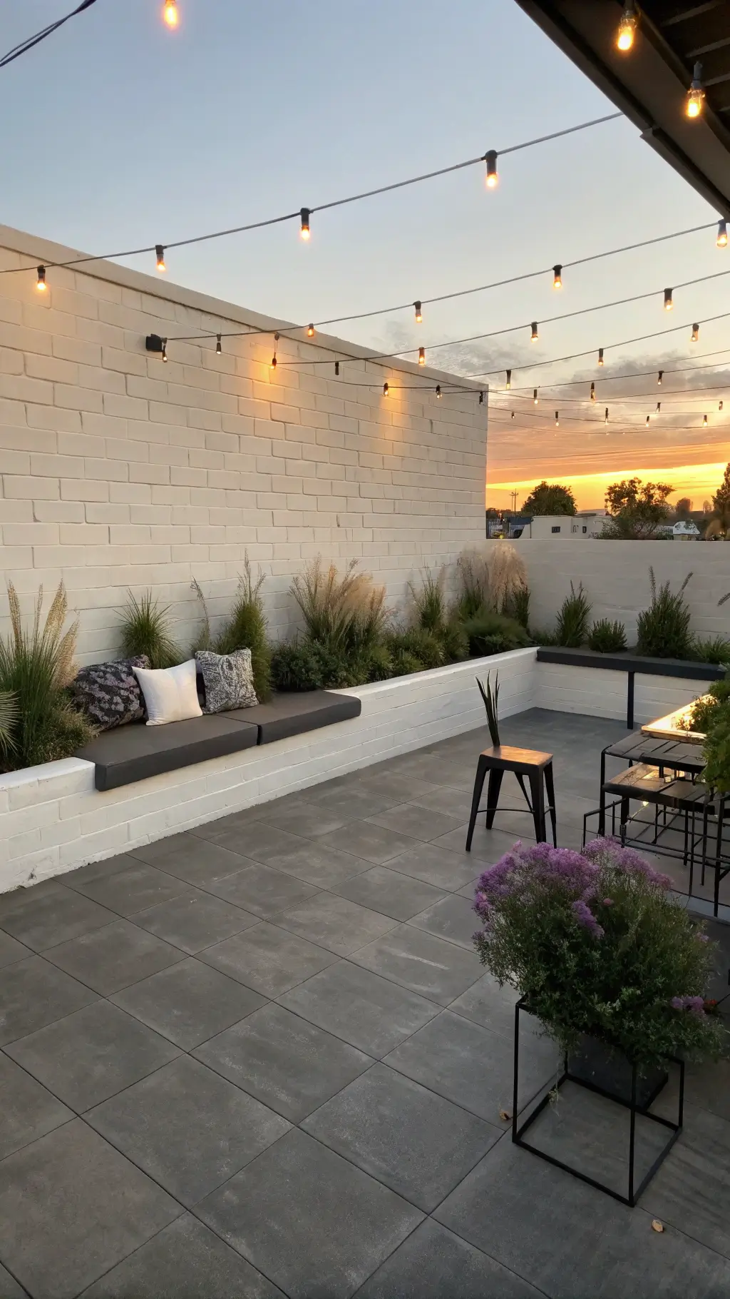 Modern 7x7ft patio at sunset with charcoal concrete flooring, white brick walls, custom bench seating with planters filled with silver sage and purple fountain grass, black metal accent tables, and dramatic lighting.