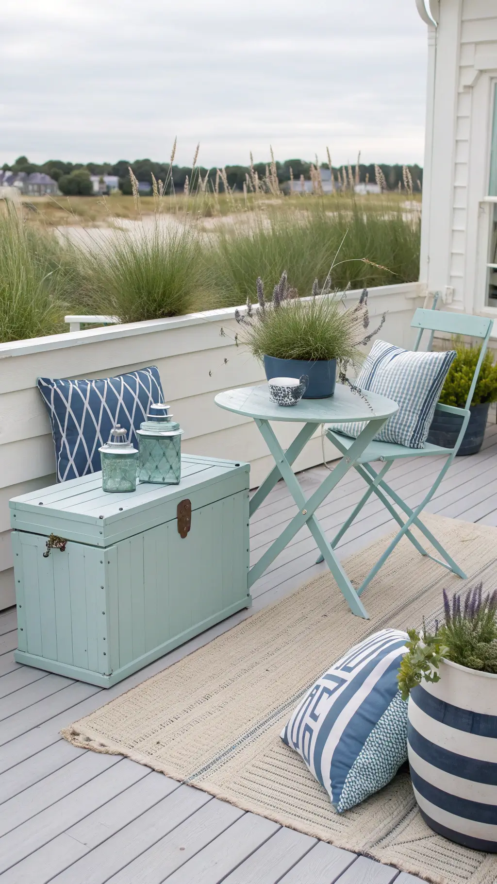 Coastal-inspired patio with light blue bistro set and storage trunk on whitewashed decking, highlighted by nautical rope details and weathered finishes, layered blue-and-white striped cushions and geometric outdoor rug, in bright, airy photography style.