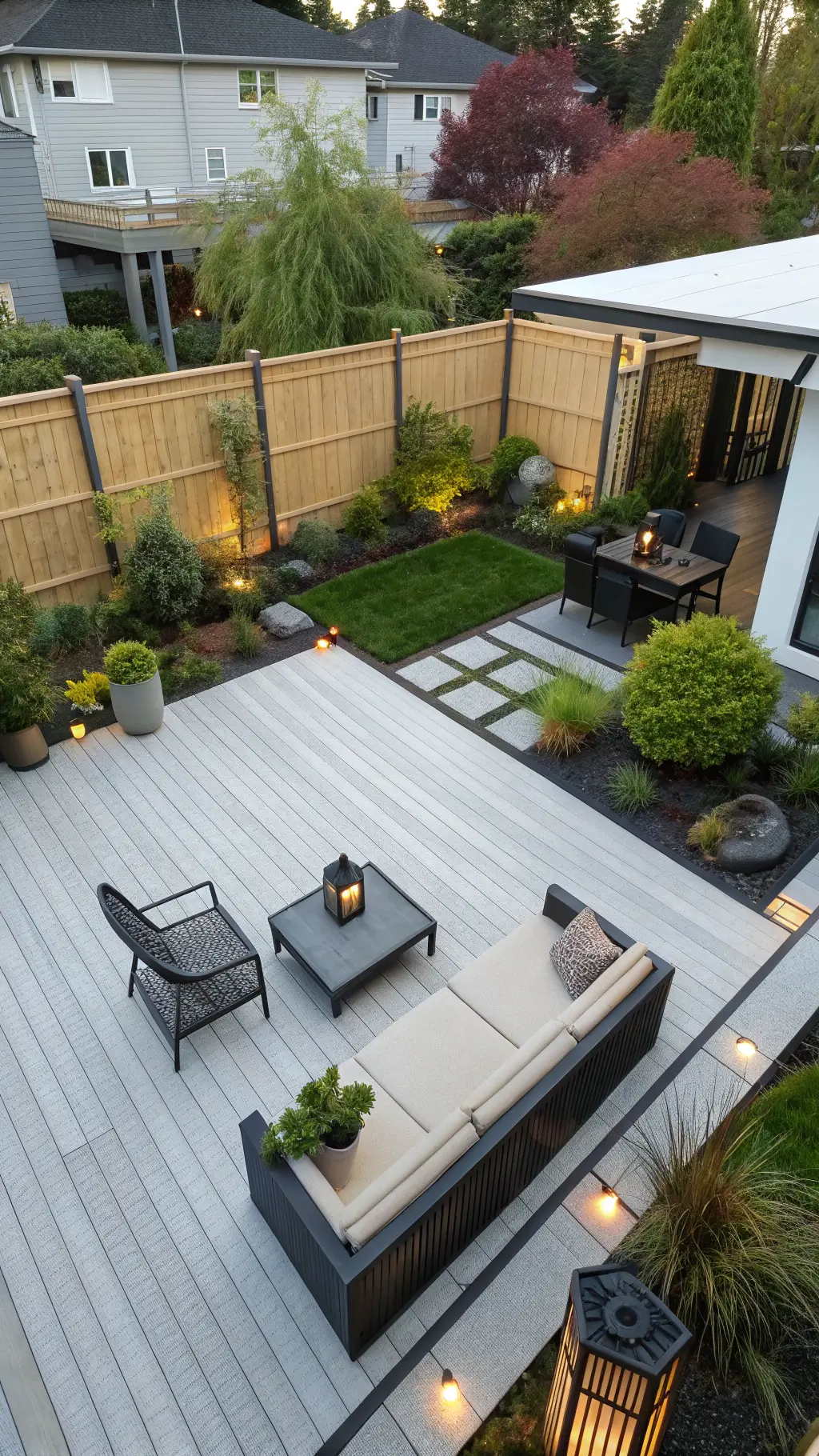 Bird's eye view of a 5x8ft zen patio at dawn with gray decking, low-profile teak furniture, black metal planters with Japanese maples and moss, bamboo screens and soft-glow paper lanterns.