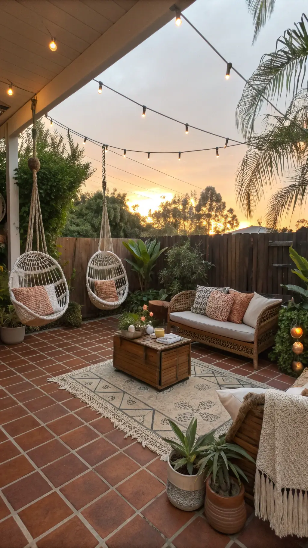 Bohemian patio at golden hour with terracotta tiles, macramé hanging chairs, rattan storage trunk coffee table, vintage kilim pillows and throws, and hanging plants including string of pearls and air plants.