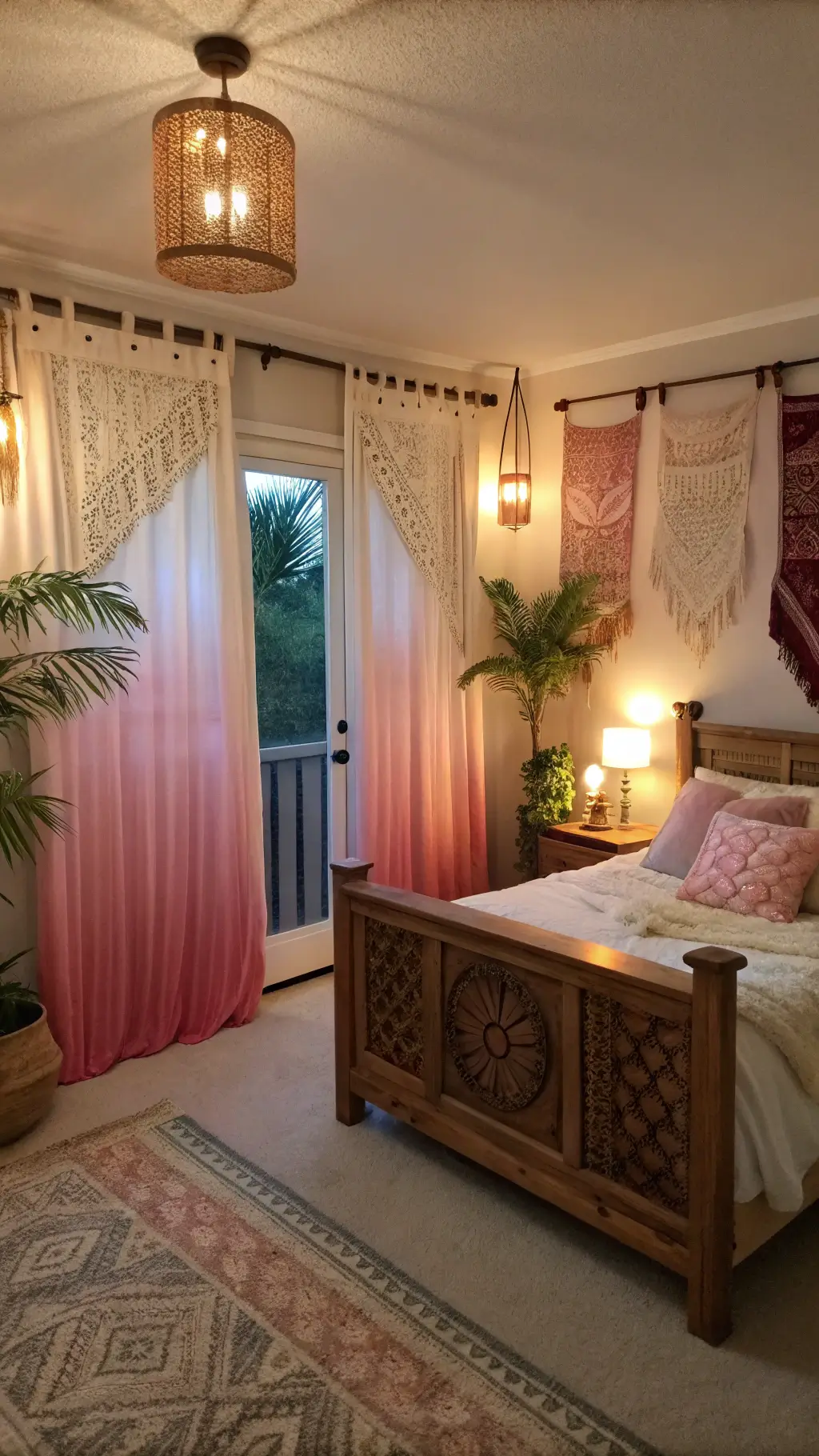 Boho bedroom at twilight with French doors dressed in ombré silk panels, carved wooden bed, floating nightstands, copper lanterns, wall tapestries, and potted palms, bathed in mixed natural and artificial lighting.