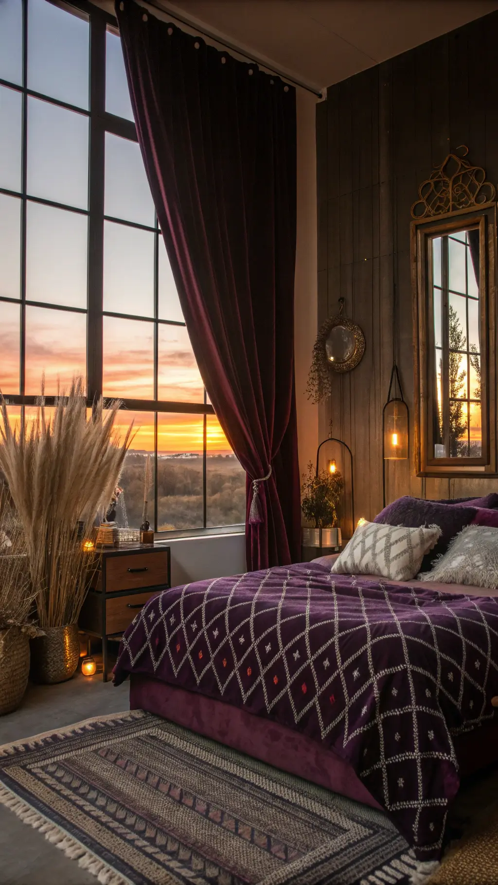 Sunset view of a moody boho bedroom with jewel-toned bedding, tall windows with deep plum velvet curtains, and decor details including dried pampas grass, vintage mirrors, and mixed metal elements.