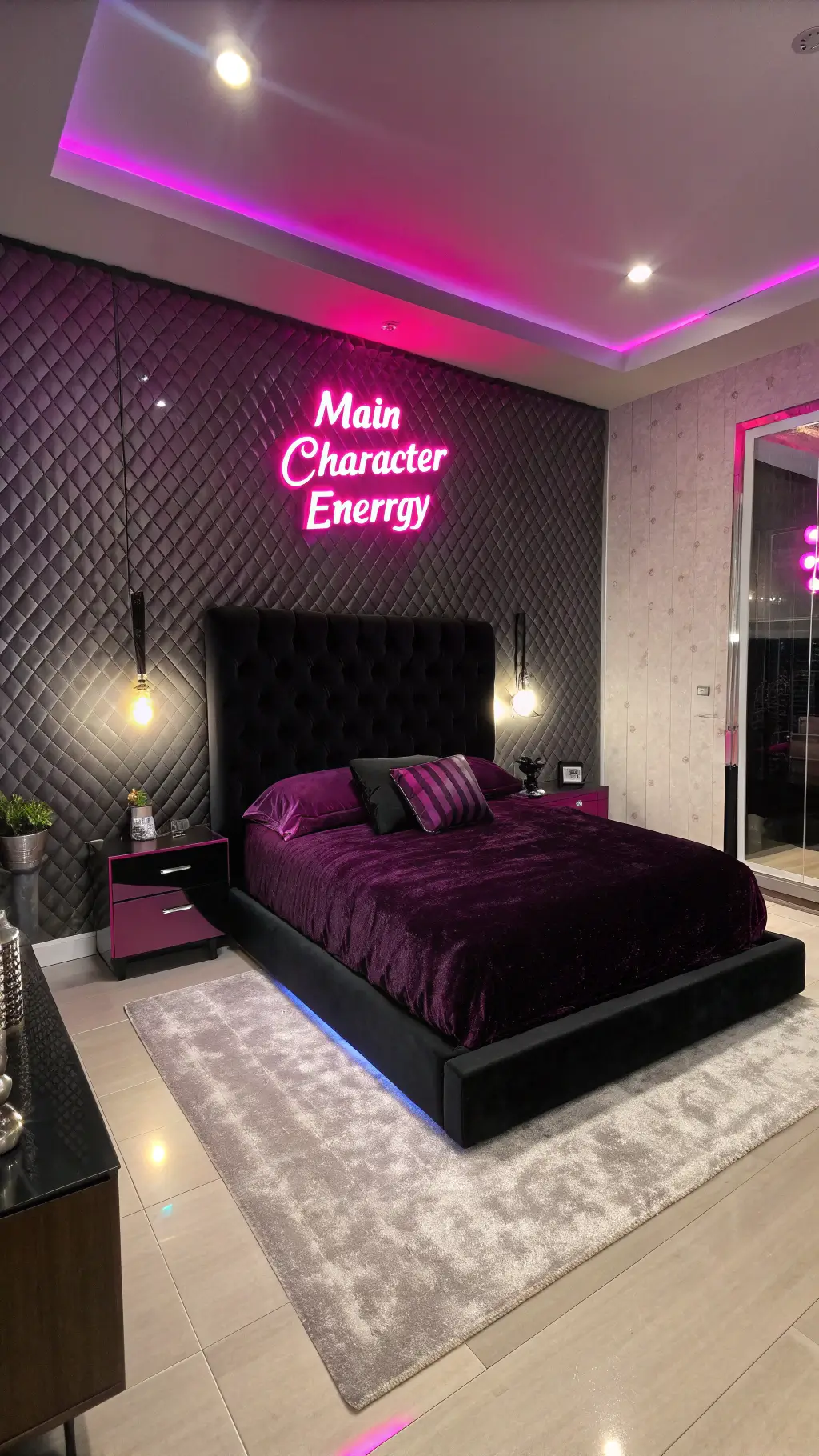Modern 12x14ft bedroom at twilight illuminated by pink neon sign reading 'Main Character Energy', with platform bed, metallic wallpaper, floor-to-ceiling mirrors, LED strip lighting, faux fur rug, chrome nightstands and crystal lamps, with a color palette of black, chrome, pink, purple and white.