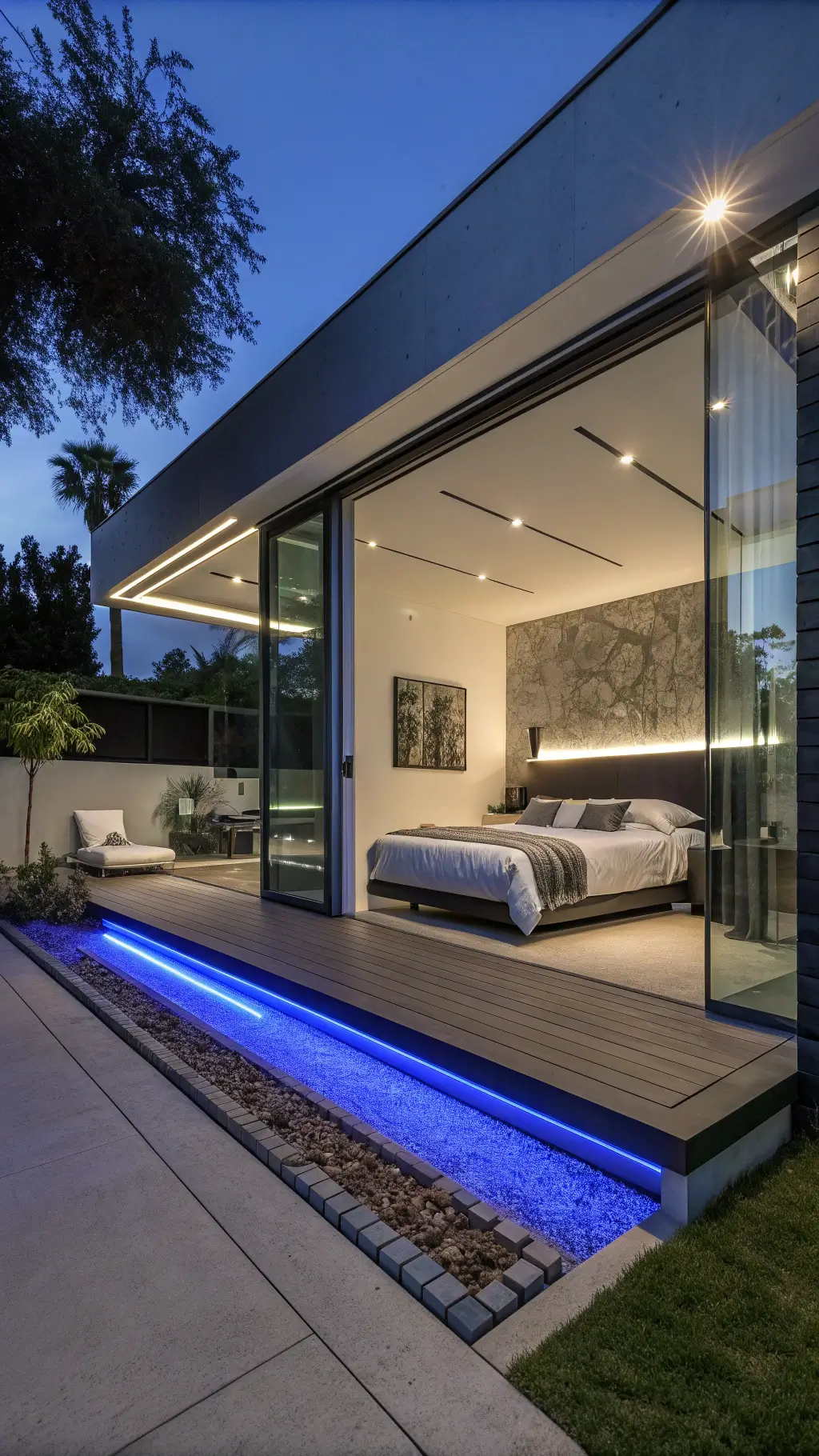 Ultra-modern 18x20ft bedroom with floating bed platform, smart glass walls, holographic art projections, and programmable RGB lighting, designed with deep gray, electric blue, and white with UV-reactive elements.
