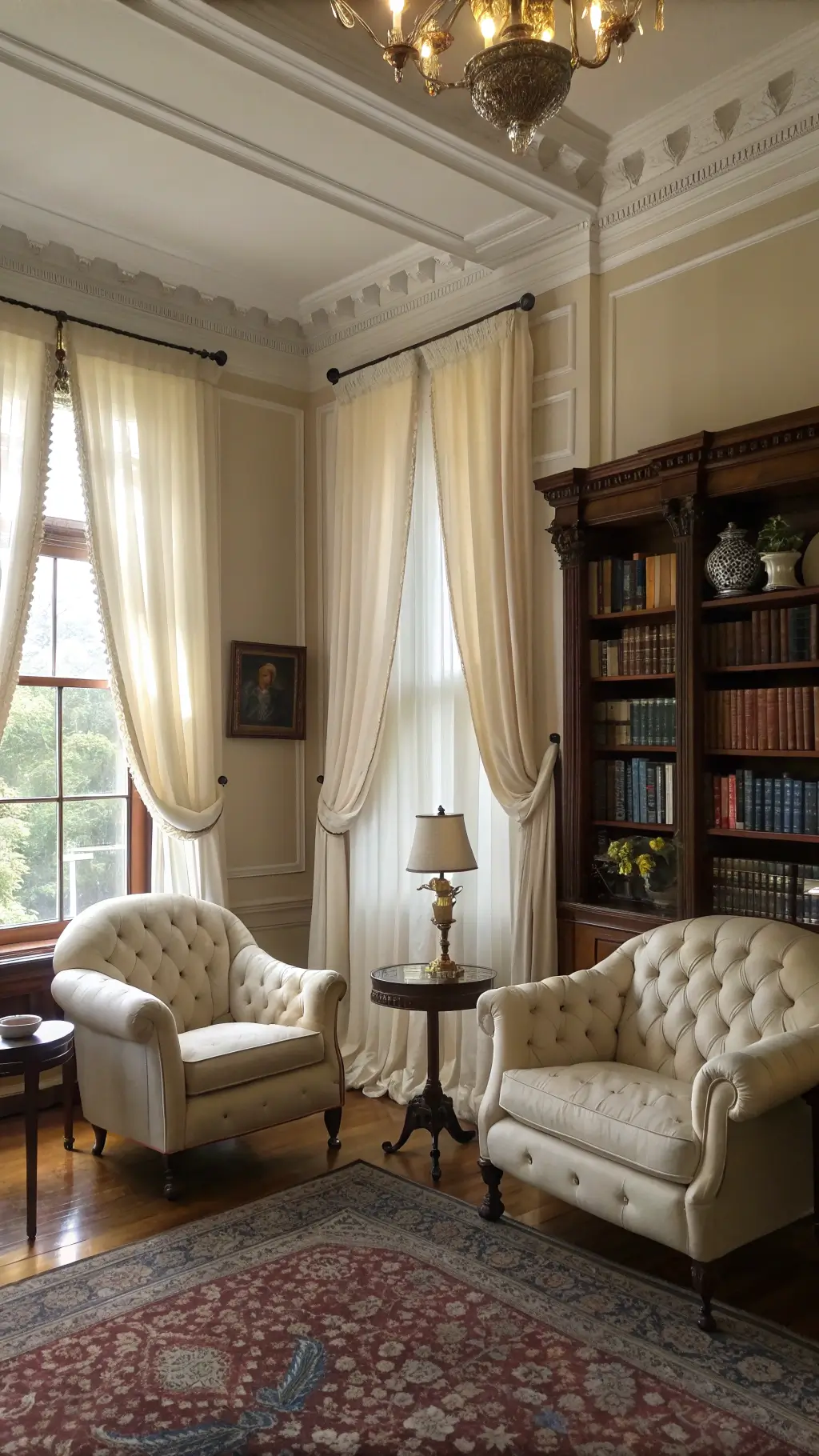 Victorian style sitting room featuring ivory silk drapes, leather club chairs, a cream linen sofa, antique Aubusson rug, floor-to-ceiling bookshelves, brass floor lamp, and a burled wood coffee table with a silver tea service; captured in morning light.