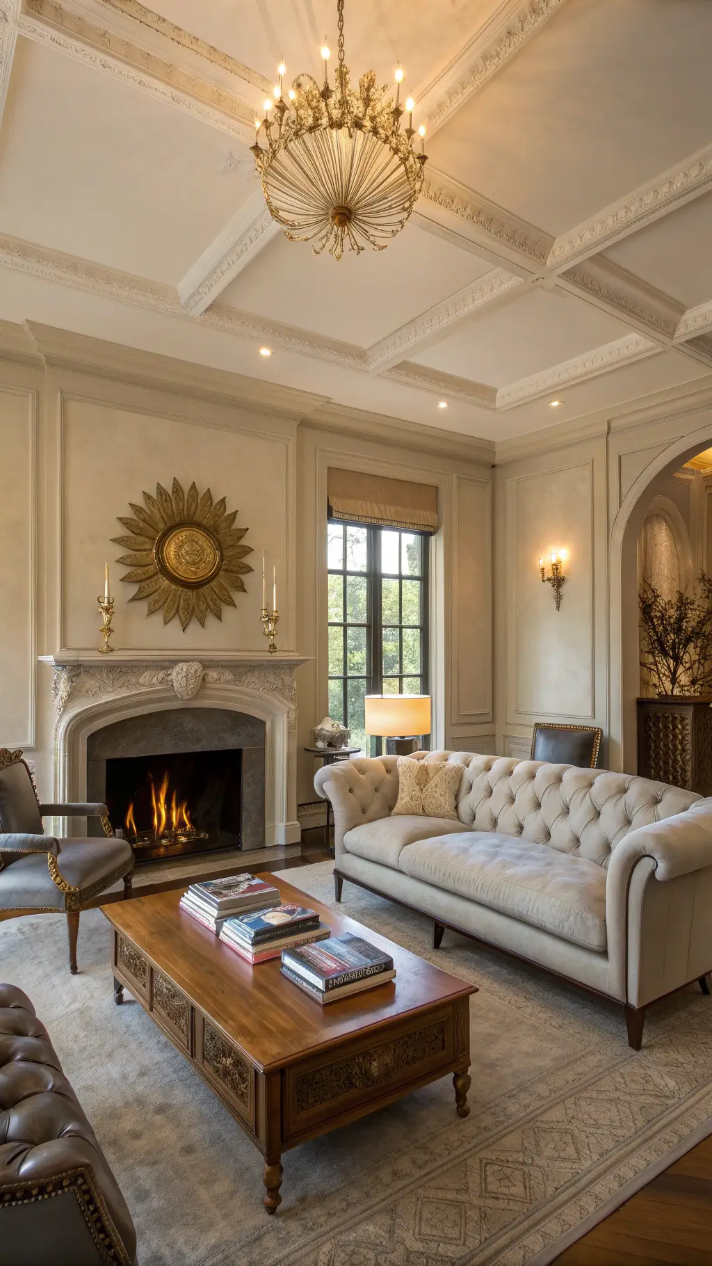 Elegant European-inspired living room basking in golden light with grey velvet settee, Louis XVI leather chairs, burled wood cocktail table, gilt sunburst mirror above limestone fireplace, and intricate plaster ceiling medallion.