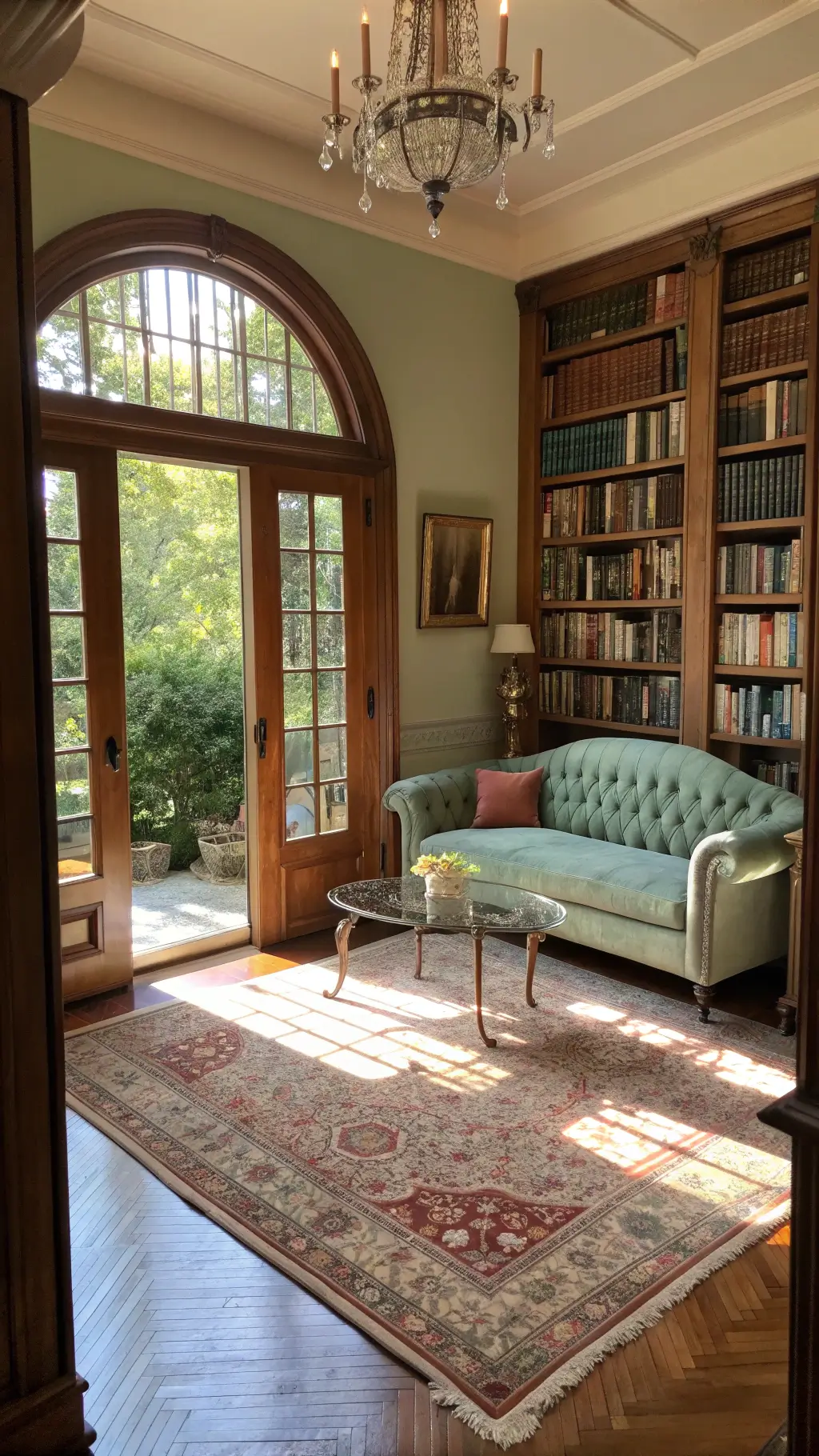 Elegant intimate parlor bathed in morning sunlight, featuring arched windows, a celadon silk sofa, a brass-and-glass coffee table, bookcases filled with leather volumes, an antique Persian Tabriz carpet, and crystal girandoles by the fireplace.