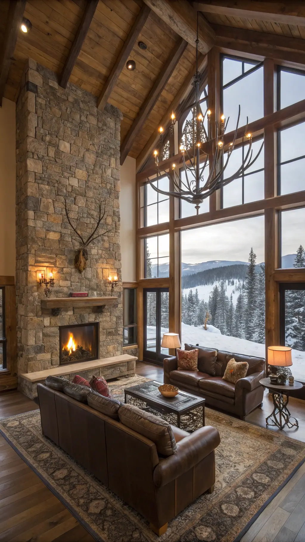 Luxurious rustic mountain lodge great room featuring a stone fireplace, oversized leather chesterfield sofa, timber frame armchairs with wool cushions, layered cowhide and kilim rugs, iron chandelier, and antler wall decor, bathed in cool natural morning light reflected off snow and warm firelight, viewed from the mezzanine level.