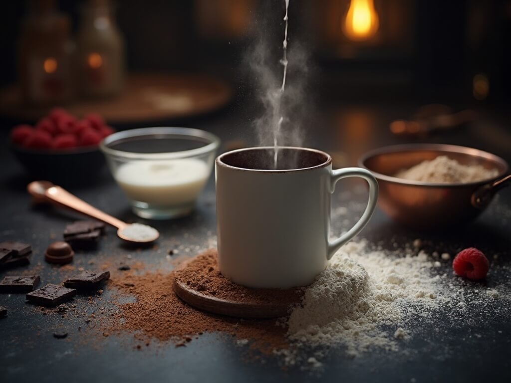 "Overhead view of chocolate lava mug cake preparation in a moody kitchen at dusk with ingredients scattered on black marble countertop, warm lighting, and rustic kitchen background"