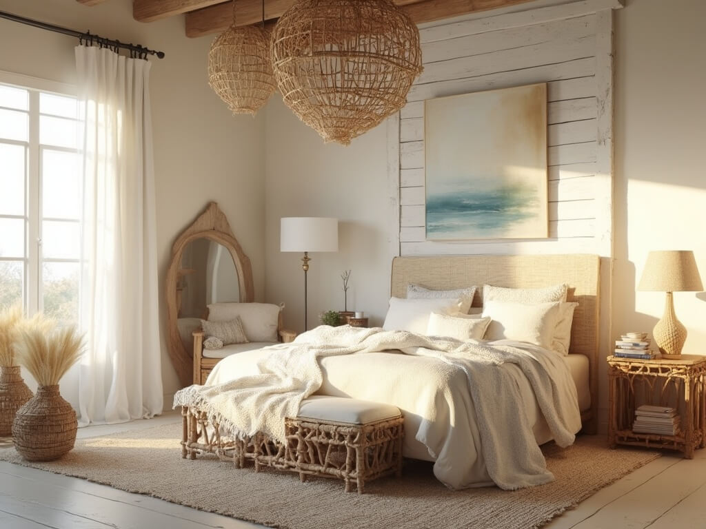 "Coastal master suite with king-sized bed, rattan nightstands, jute rug, and reading nook during golden hour"