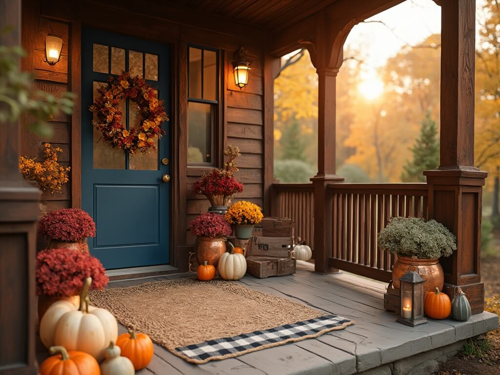 "Craftsman-style porch at golden hour adorned with fall decor including burgundy and golden mums, heirloom pumpkins, and a fall wreath"