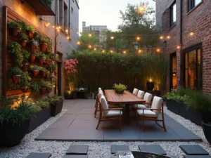 "Cozy urban backyard retreat at dusk with vertical garden, teak dining set, architectural plants, and string lights creating ambient glow"