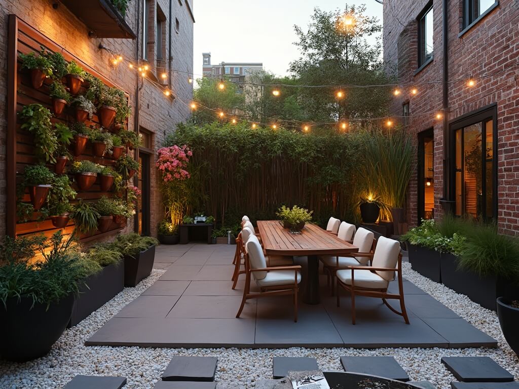 "Cozy urban backyard retreat at dusk with vertical garden, teak dining set, architectural plants, and string lights creating ambient glow"