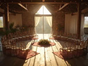 "Intimate barn wedding ceremony at golden hour with guests seated around a floral mandala, exposed wooden beams, and delicate string lights"