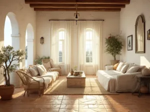 "Mediterranean living room during golden hour with whitewashed walls, terracotta floors, rustic furniture, and olive trees in terracotta pots."