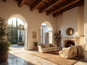 "Mediterranean villa during golden hour showcasing its architectural details, interior design, and beautiful courtyard with cypress trees and bougainvillea."