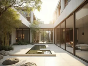 "Modern U-shaped courtyard house with zen garden interior, white microcement floors, floor-to-ceiling glass walls and minimalist furnishings, shot during golden hour."