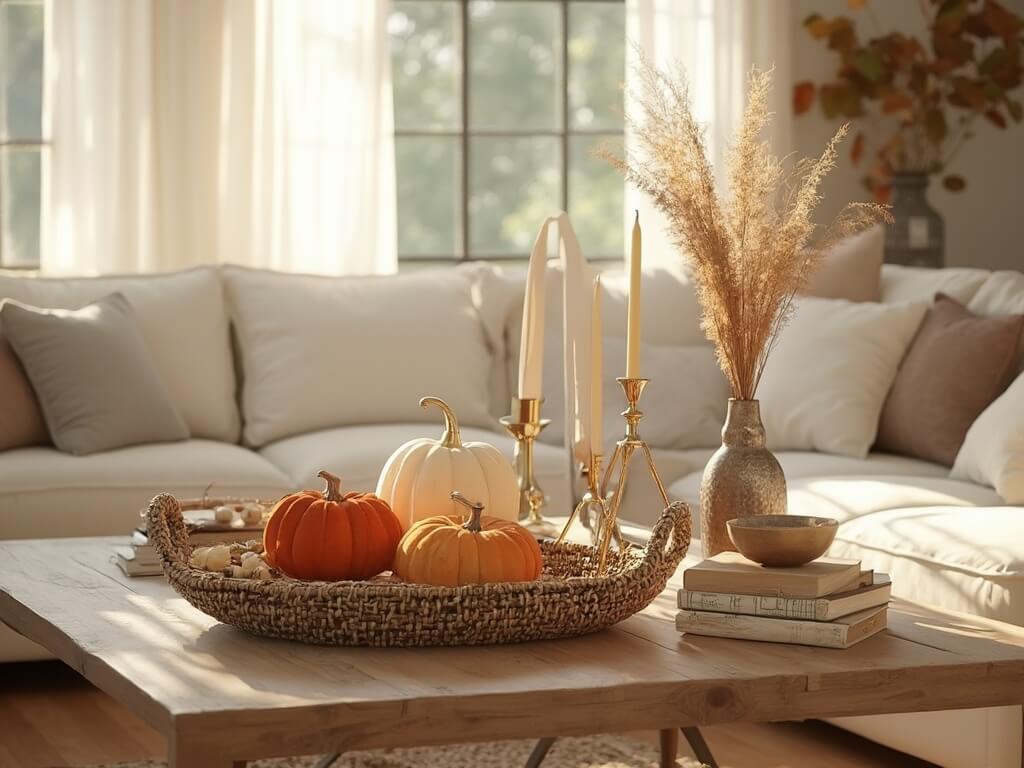 "Sunlit modern farmhouse living room with autumnal coffee table decor featuring velvet pumpkins and brass candlesticks"