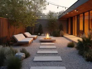 "Modern gravel garden transformation featuring concrete pathway, minimalist teak furniture, and warm LED lighting in a sunset ambiance"
