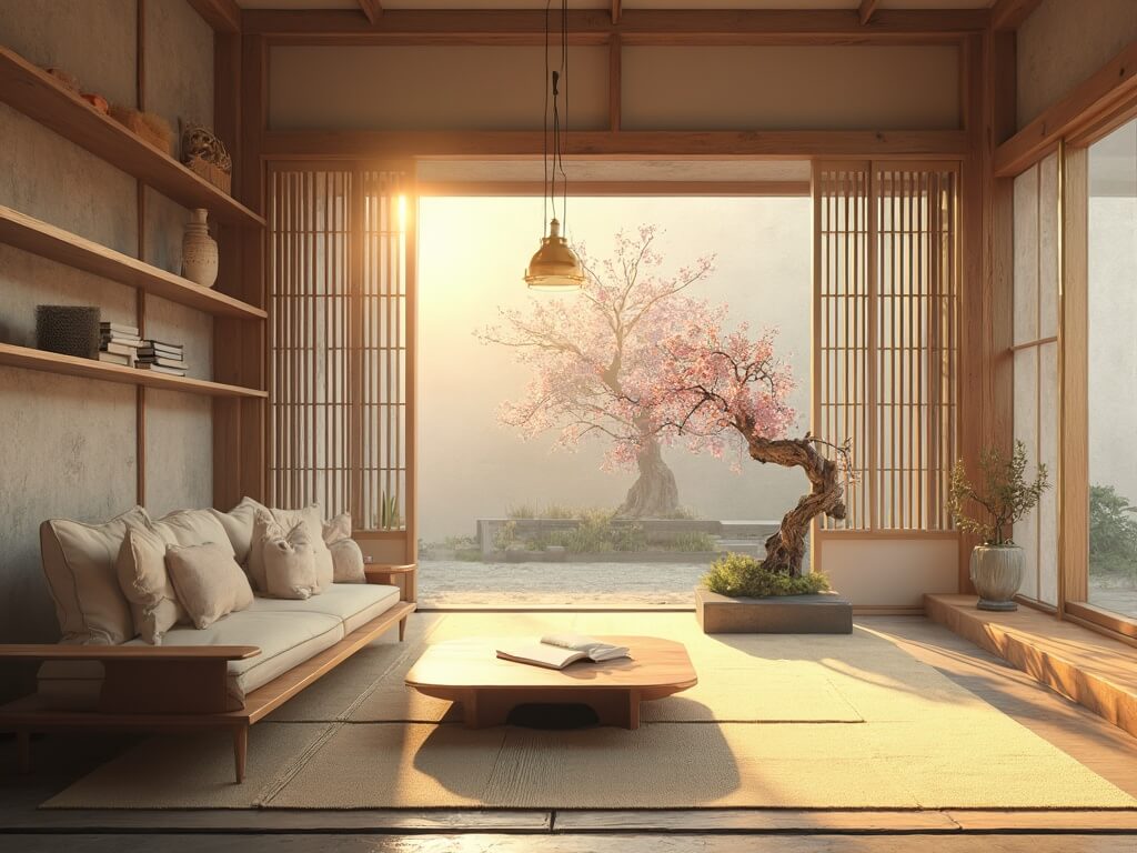 "Modern minimalist Japanese living room with sunlight filtering in through shoji screens, featuring a low-profile sofa, floating cedar shelves, tatami mat flooring, white textured concrete walls, and a view of a zen garden through sliding glass panels."