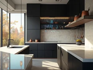 "Modern kitchen with diverse backsplash designs, black cabinetry, white quartz countertops, and copper cookware, bathed in natural light from floor-to-ceiling windows"