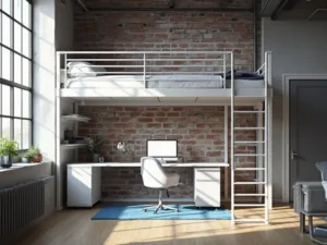 "Modern studio apartment interior with white metal loft bed, minimalist workspace underneath, sunlight through industrial windows, and contemporary urban aesthetic"