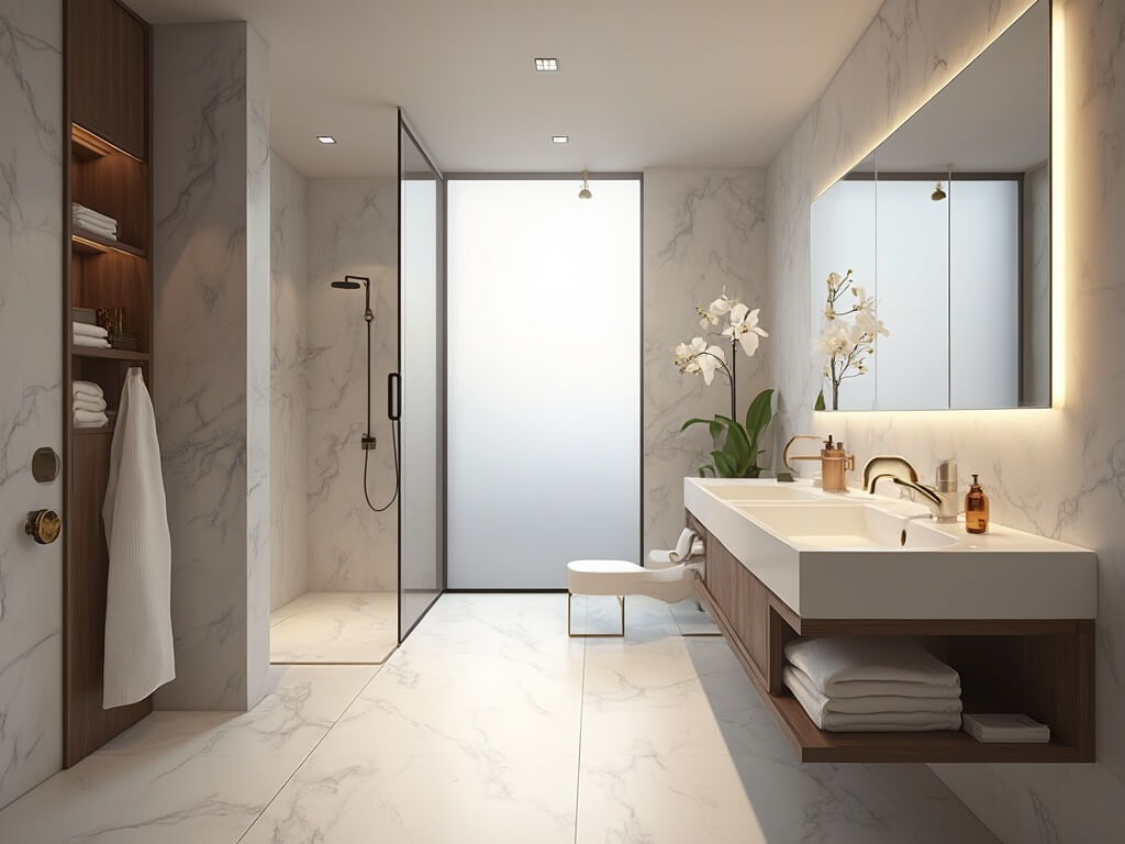 "Luxurious small bathroom with floating vanity, backlit mirror, and glass shower enclosure in soft morning light"