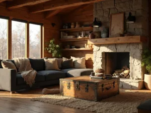 "Cozy rustic cabin interior with natural light, gray sectional, vintage trunk table, stone fireplace, and wooden accents"