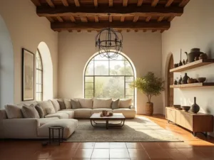 "Spanish Revival living room with warm lighting, vaulted ceiling, cream sectional sofa, vintage terracotta tile flooring, black wrought iron chandelier, and minimalistic pottery collection."