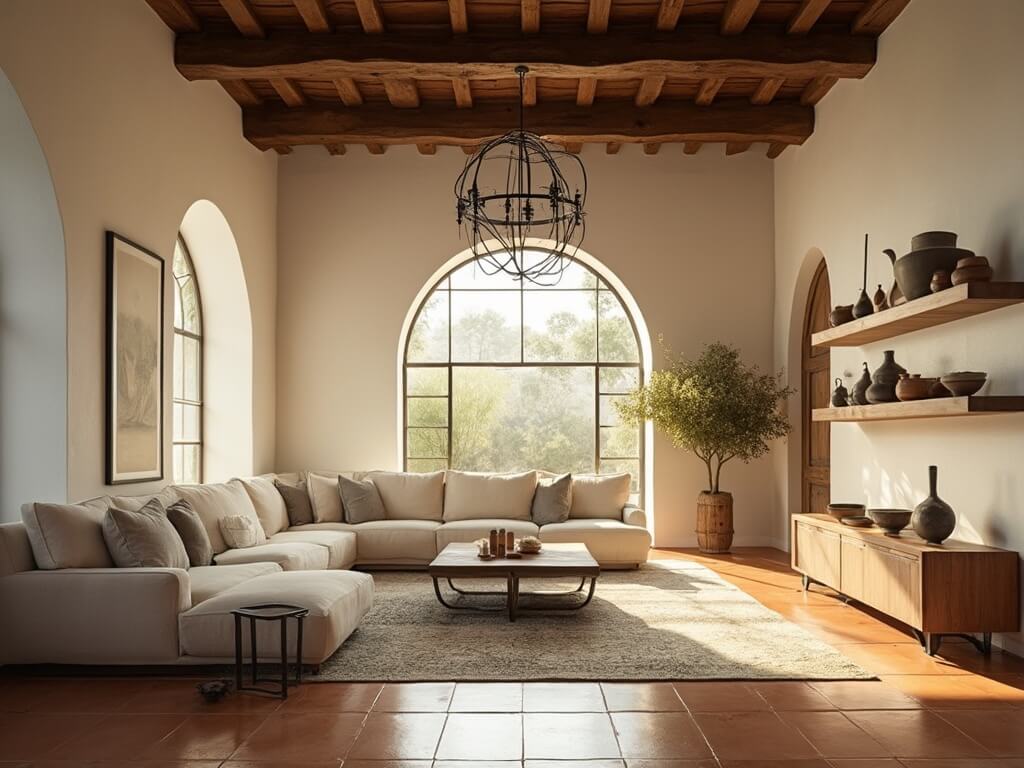 "Spanish Revival living room with warm lighting, vaulted ceiling, cream sectional sofa, vintage terracotta tile flooring, black wrought iron chandelier, and minimalistic pottery collection."
