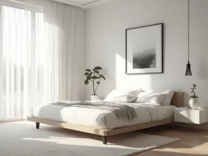 "Minimalist bedroom with morning light, oak bed, white bedding, and modern decor"