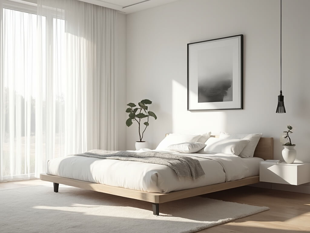 "Minimalist bedroom with morning light, oak bed, white bedding, and modern decor"
