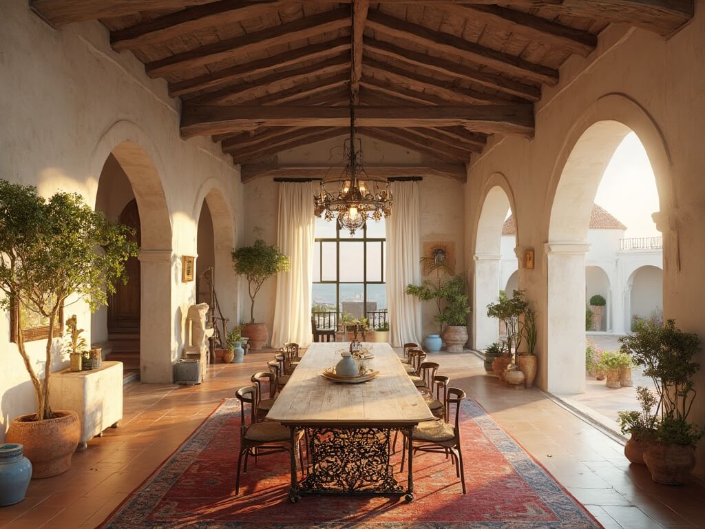 "Mediterranean villa living room with arched windows, limestone ceiling, terracotta floors, vintage rugs, oak dining table and sea view."