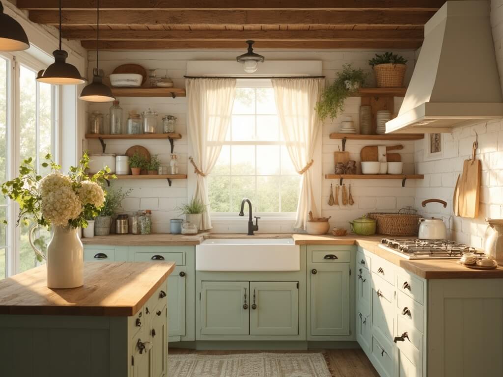 "Sunlit farmhouse kitchen with vintage elements, featuring white shiplap walls, oak ceiling beams, butcher block island, and sage green cabinets."