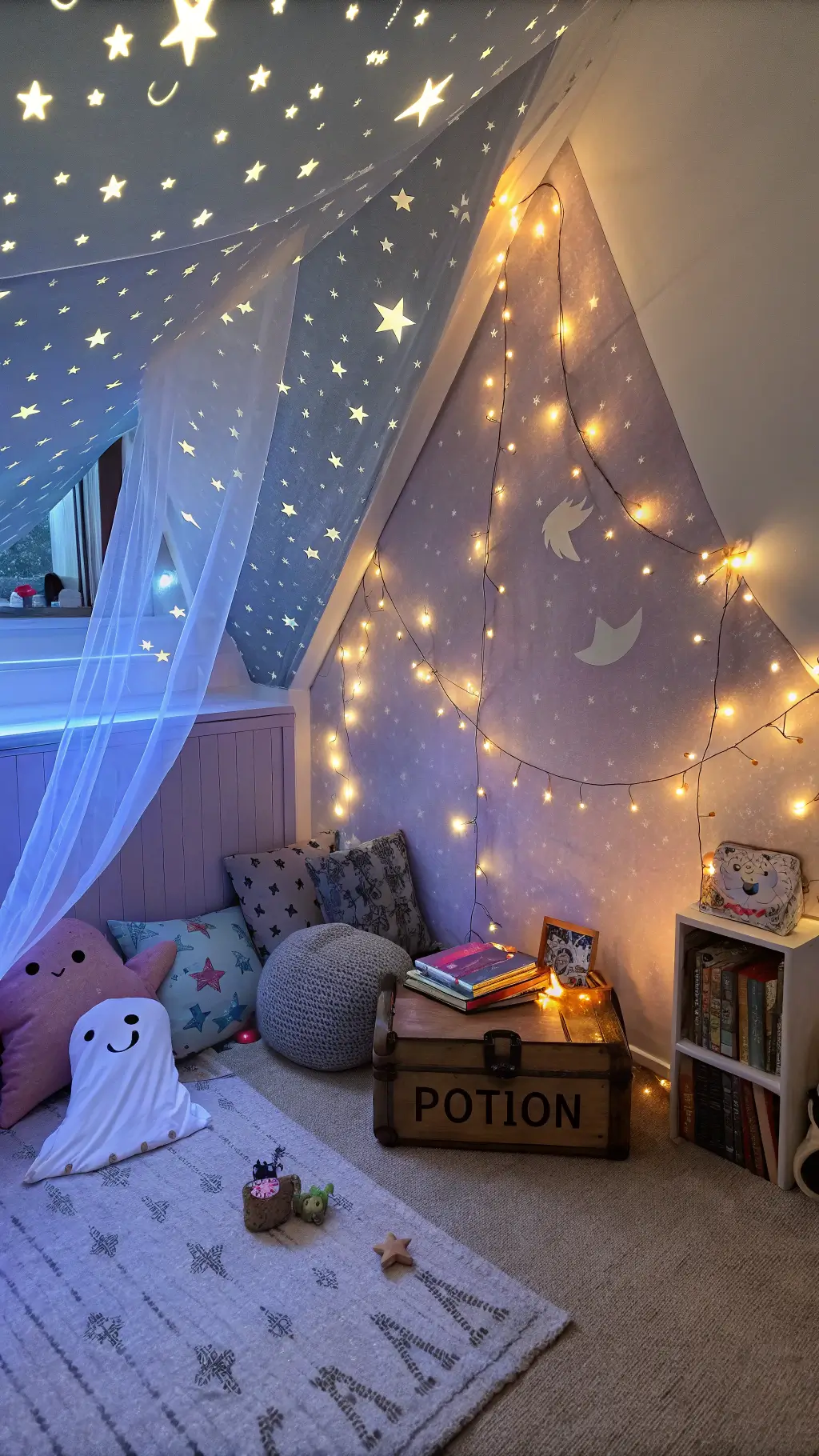 Whimsical kid's room reading corner under starry ceiling projection, adorned with pastel purple and grey ghost pillows, magical copper wire LED string lights, and vintage trunk filled with glowing potion books under twilight blue and warm lighting.