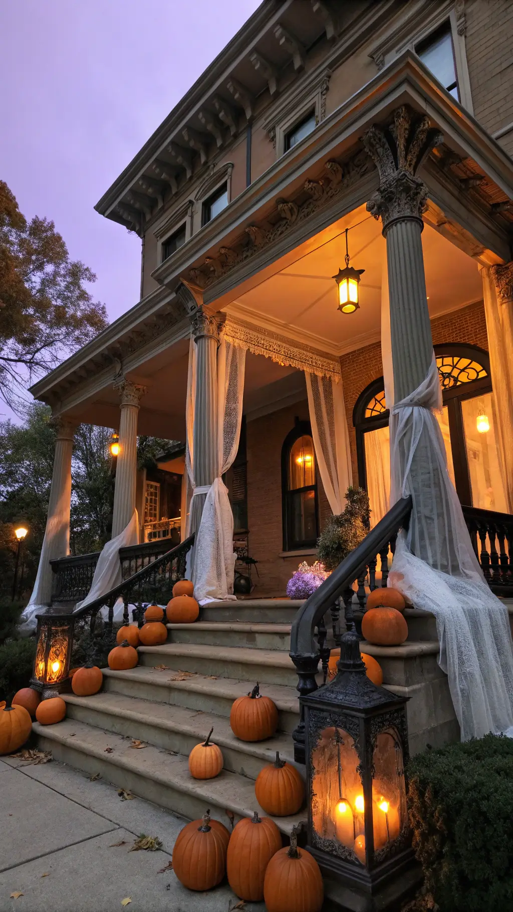 Haunted Victorian porch at twilight with ghostly decorations, flickering LED candles, wrought iron lanterns, and spooky fog against a purple-orange sky.