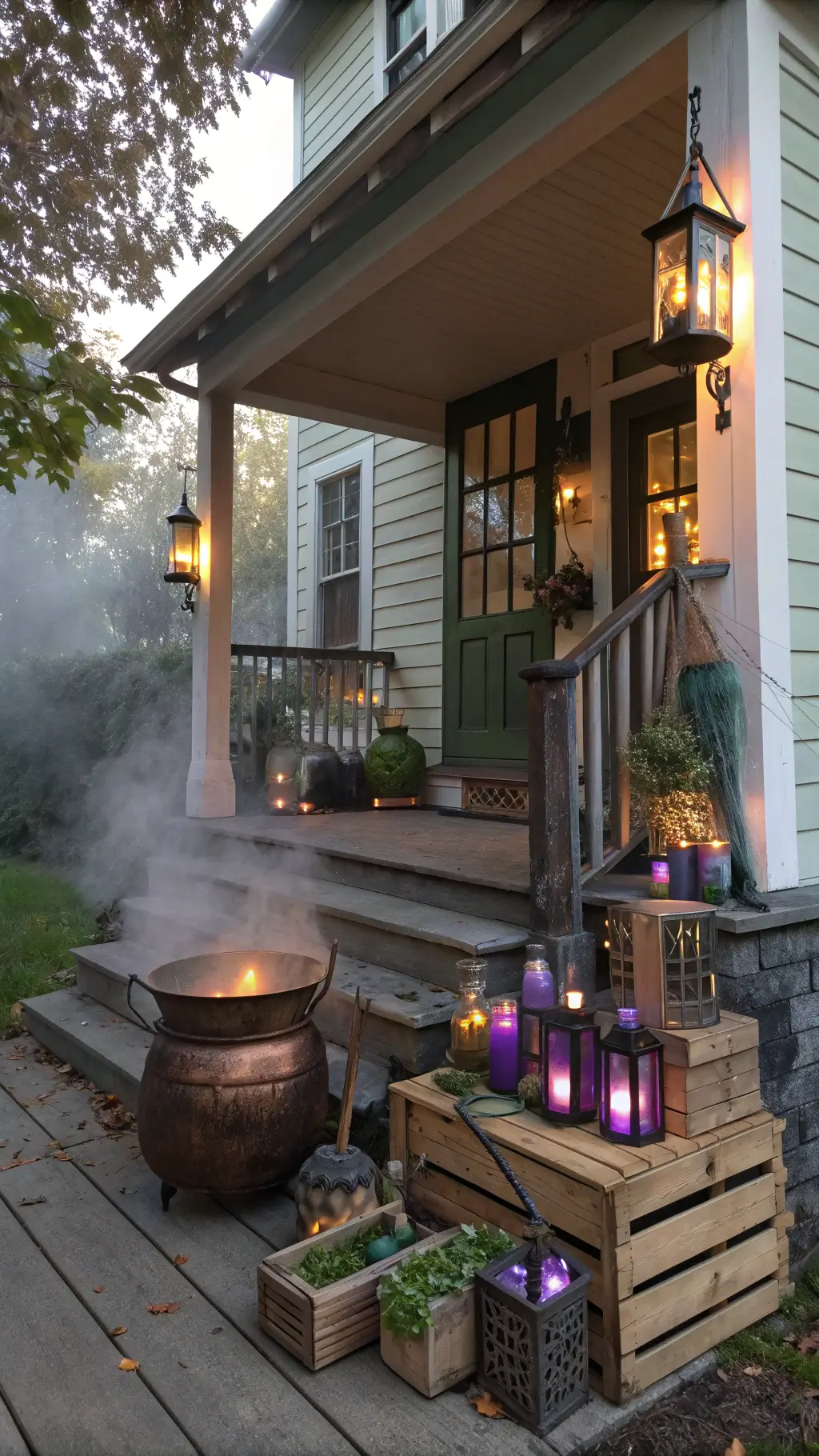 Dusk view of a witch's cottage entrance featuring a porch filled with vintage lanterns, stacks of ancient books, an overflowing copper cauldron, and a collection of hand-painted broomsticks surrounded by apothecary bottles and herbs, all bathed in atmospheric haze.