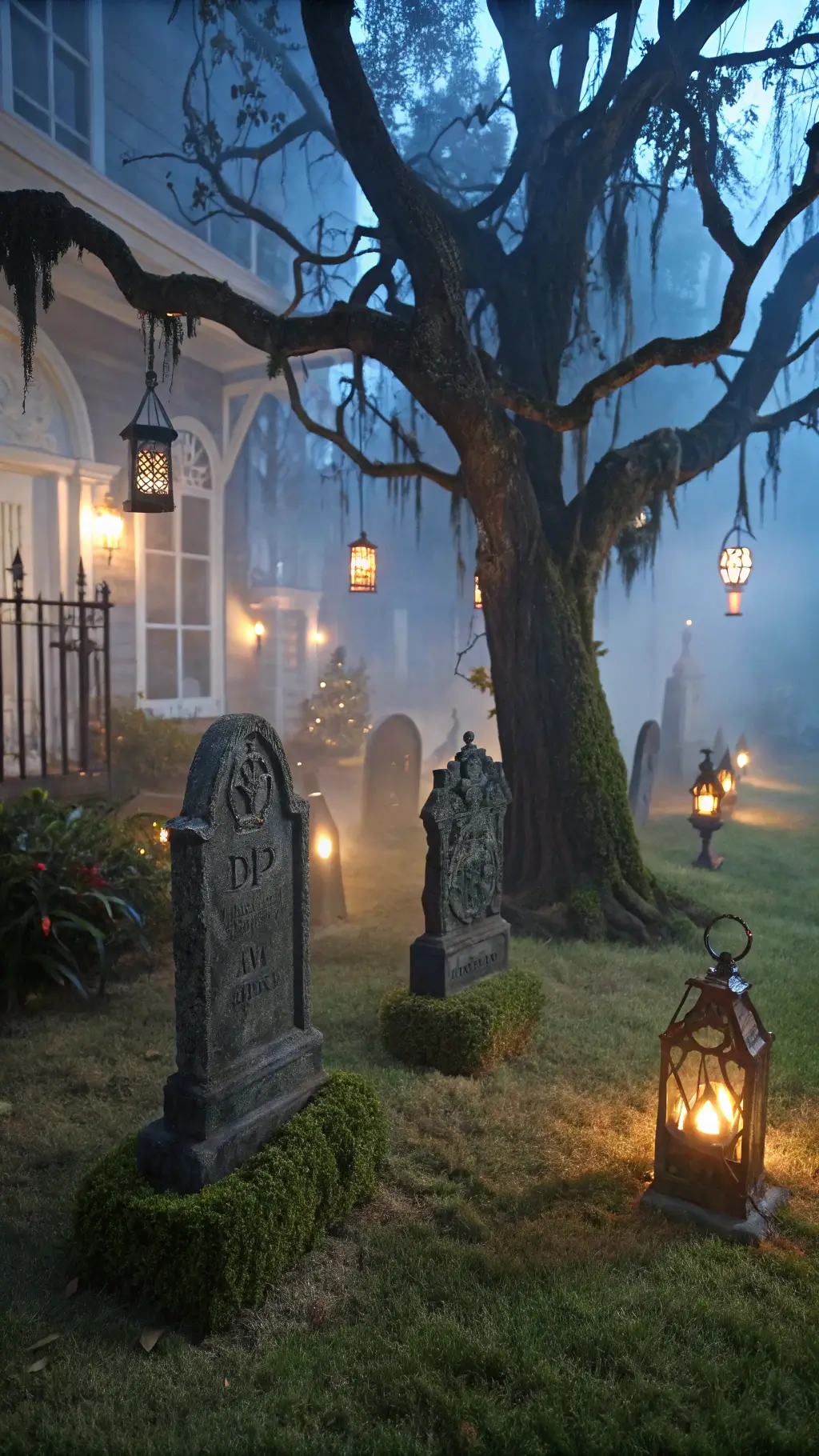 Moonlit front lawn transformed into Victorian graveyard with mossy tombstones, twisted tree silhouettes with hanging lanterns, blue and amber spotlights casting eerie shadows and emphasizing gothic atmosphere.