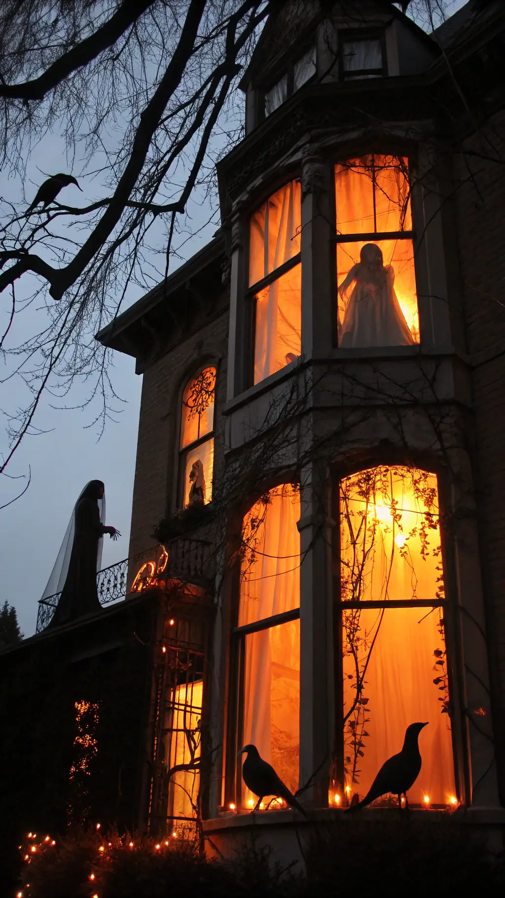 Night scene of a haunted manor with tall Victorian windows lit by flickering orange lights, silhouettes of spectral beings behind translucent curtains, adorned with LED vine lights and crow props, shot in a dramatic upward angle with long exposure.