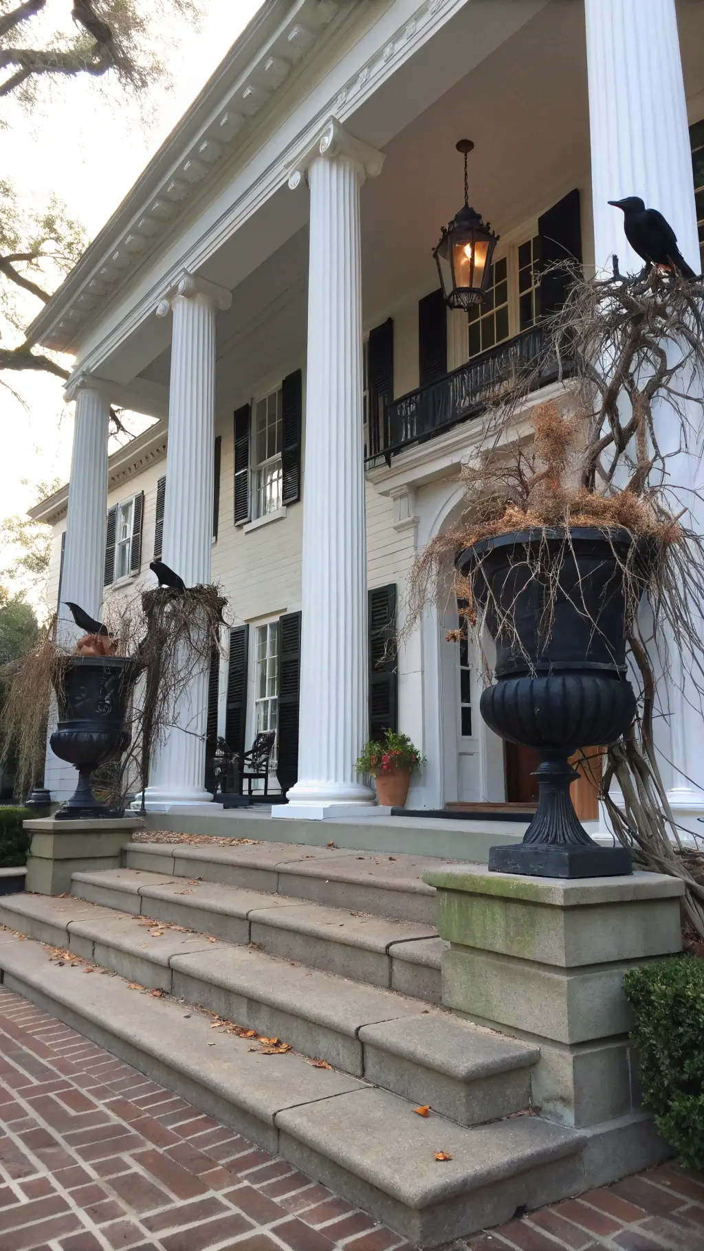 Haunted colonial mansion entrance with black urns, twisted branches, LED-lit Spanish moss, and animated raven props, captured from below steps with a 24mm tilt-shift lens.