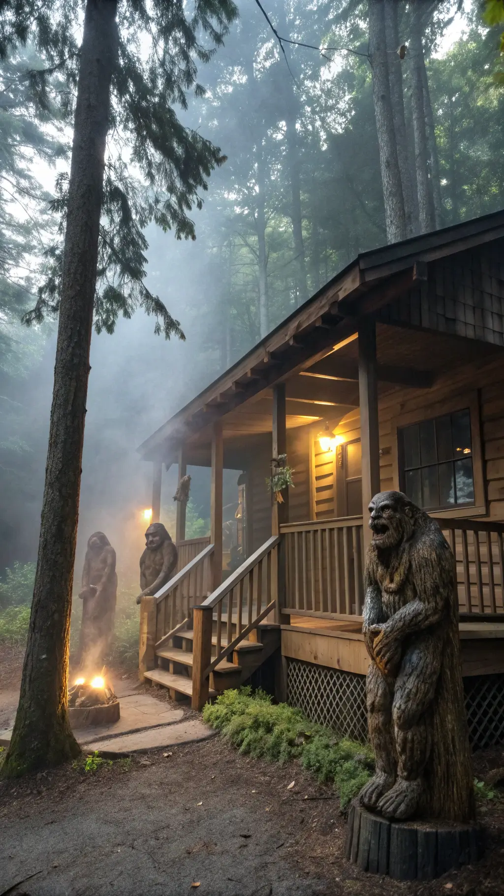 Rustic cabin porch with wooden cryptid statues surrounded by swirling fog and amber lighting, shot through trees with selective focus.