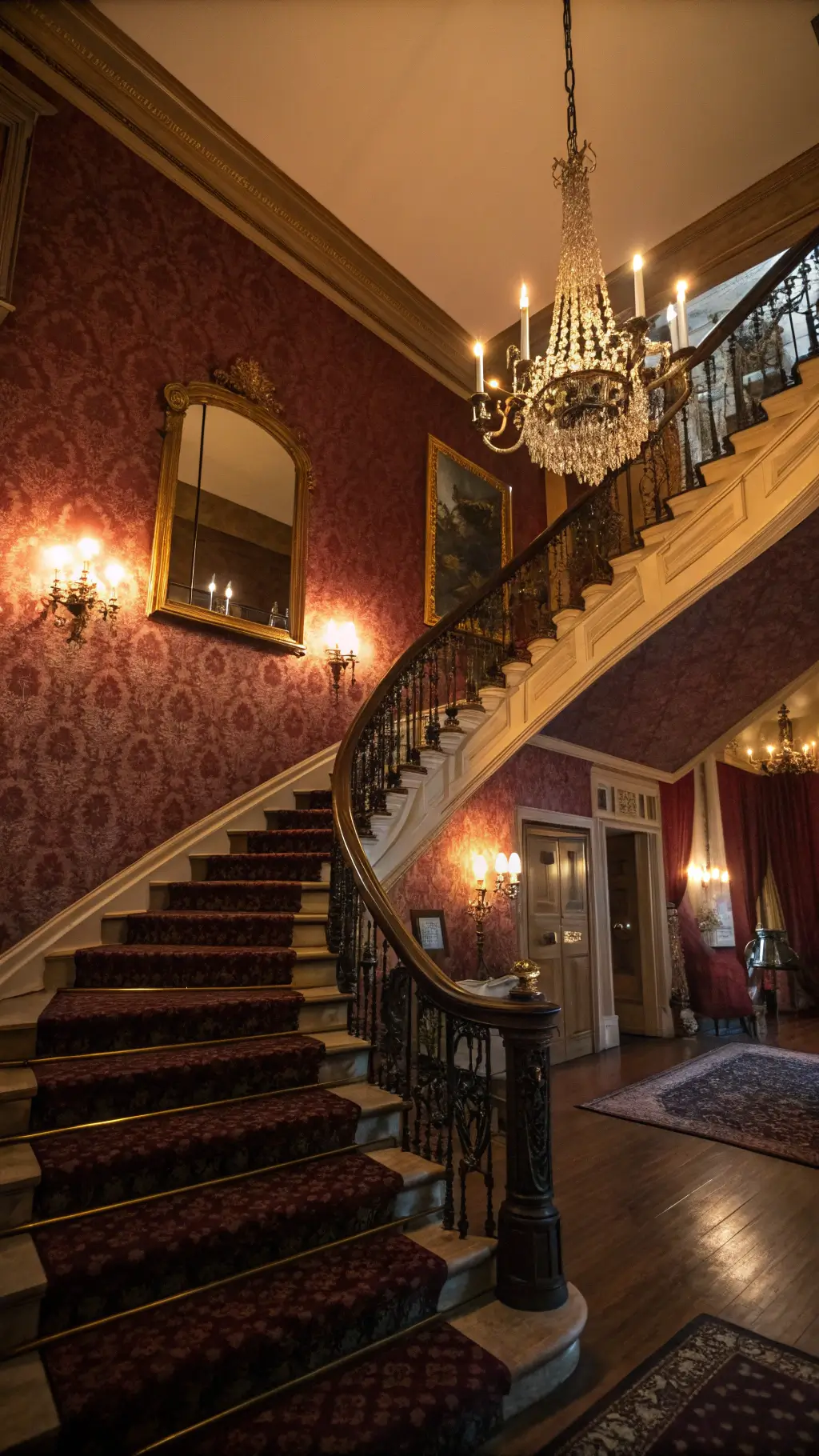 Victorian-era foyer at dusk with curved staircase, burgundy wallpaper, vintage sconces, antiqued mirror and flickering LED candelabras, black velvet runner with mercury glass pumpkins, cobweb-draped chandelier, and weathered brass coat rack holding Victorian cloaks.
