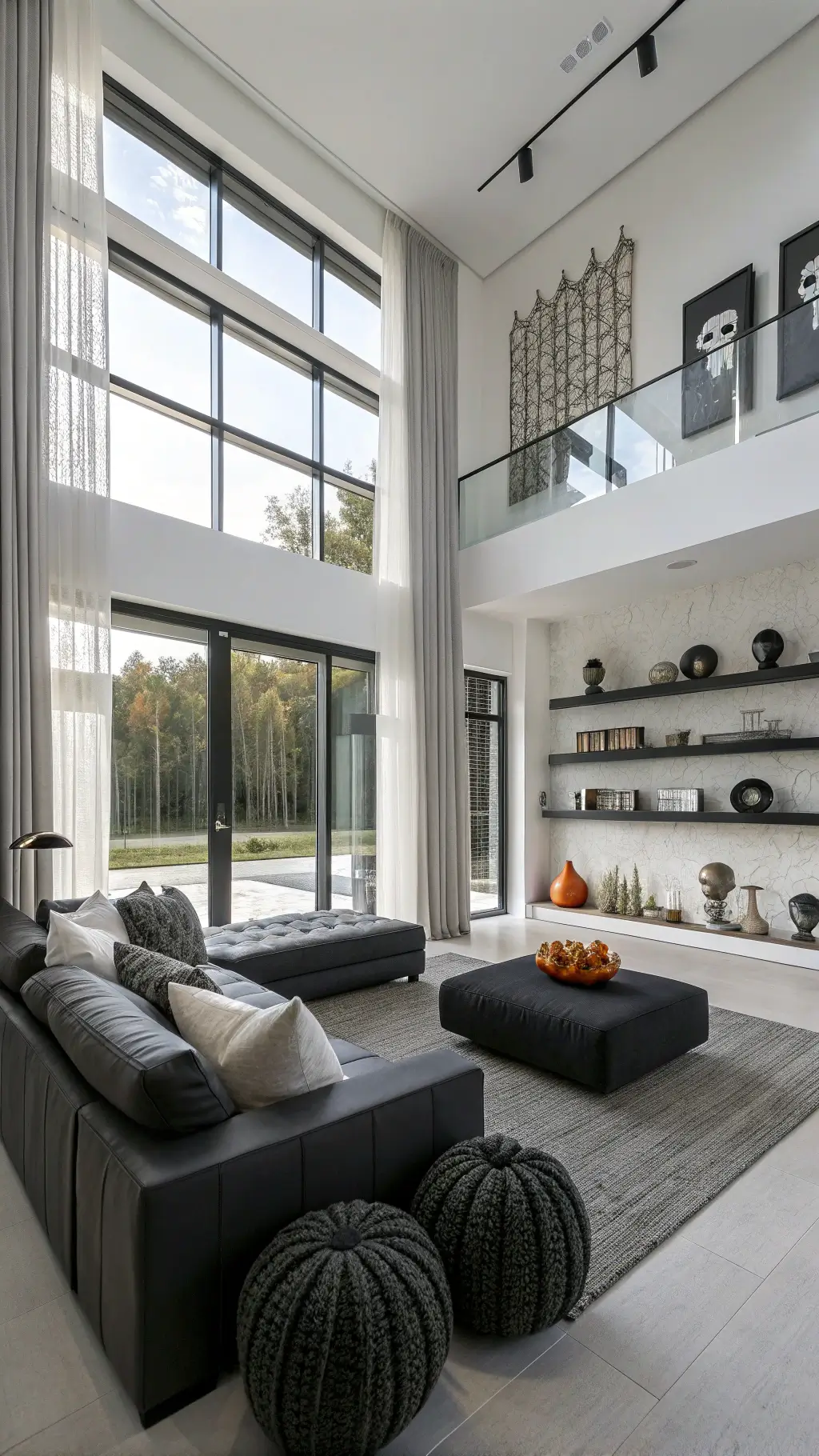 Modern minimalist living room with a Halloween theme featuring white walls, floor-to-ceiling windows, asymmetrically arranged black geometric pumpkins, a sleek charcoal sectional with silver and white textured pillows, artistic skull sculptures on floating shelves, and sheer gray curtains filtering afternoon light.