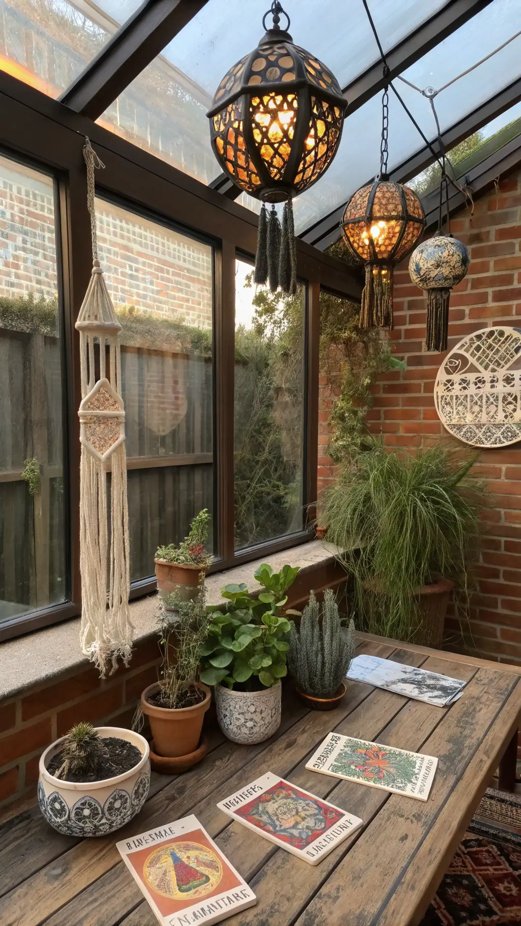 Bohemian style sunroom adorned with macramé plant holders, vintage fortune-telling cards, crystal balls, and Moroccan lanterns creating patterned shadows, shot in late afternoon light.