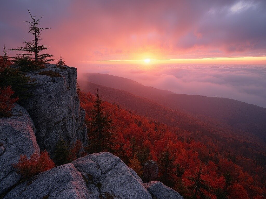 Dramatic autumn sunrise over Acadia National Park with granite cliffs and vibrant foliage in soft morning light