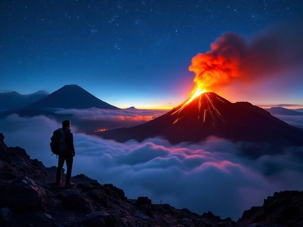 "Hiker silhouetted against pre-dawn darkness on Acatenango volcano summit with active Fuego volcano erupting, campfire lights at base camp and cinematic lighting highlighting Guatemala highlands landscape, 8k"