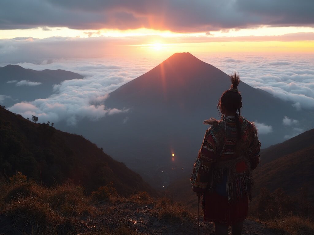 Indigenous guide in traditional attire overlooking Acatenango volcano at sunrise, peaks emerging through dense clouds, highlighting the elevation and temperature contrasts.