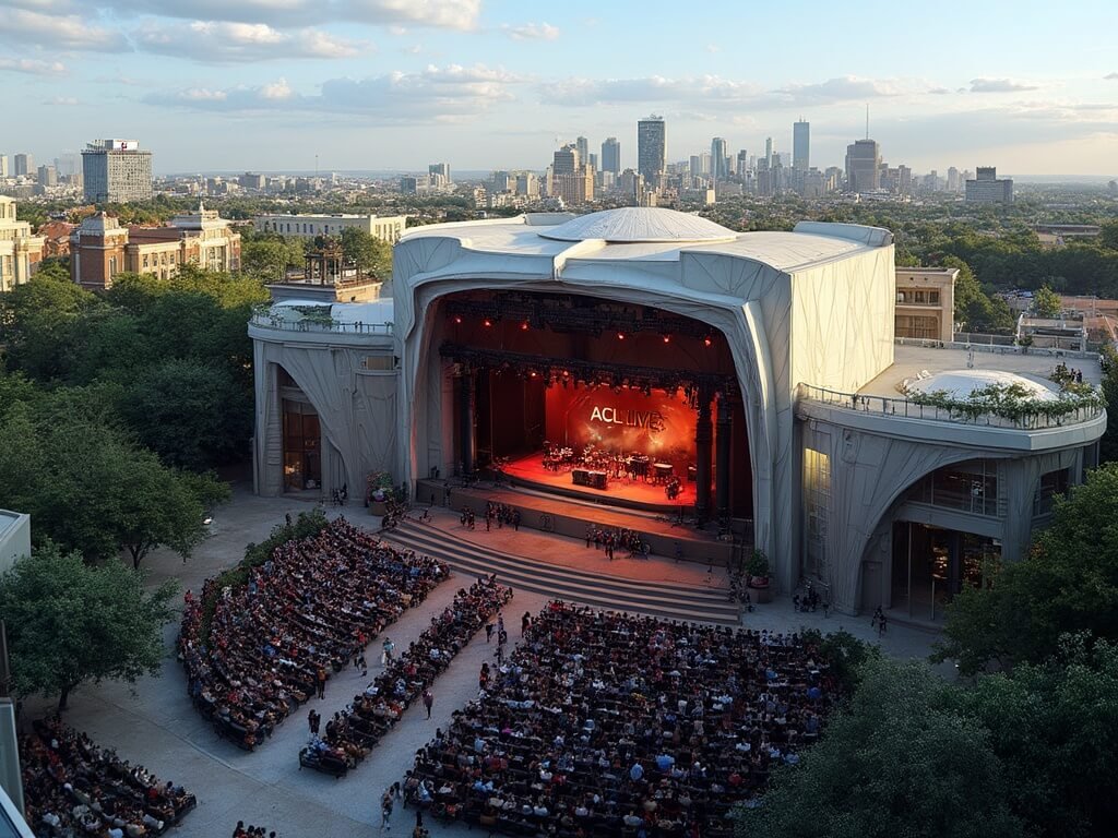 Elevated panoramic view of ACL Live at the Moody Theater, Austin, showcasing its modern architecture, urban surroundings, and interior venue with stage prior to a live performance