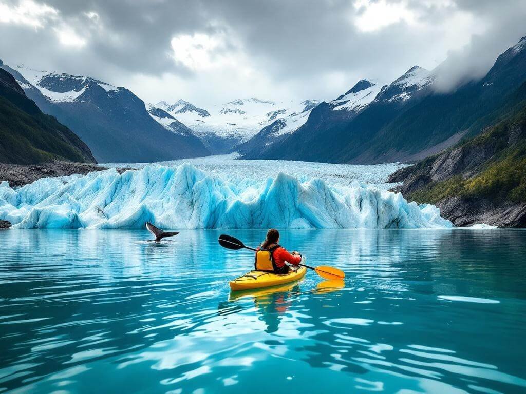 "Sea kayaker navigating turquoise glacial waters near a calving glacier, with a humpback whale tail visible, surrounded by a lush green rainforest and snow-capped mountains under Alaskan skies, photo taken during golden hour"