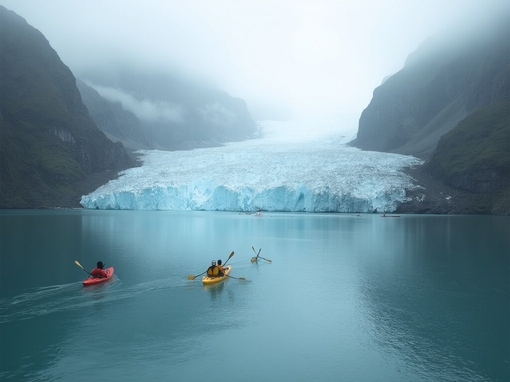 Kayaks navigating misty waters of a remote Alaskan glacier bay, surrounded by glacial formations and rugged mountains under soft overcast lighting
